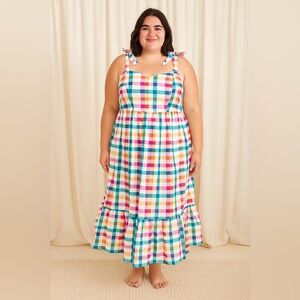 SHEIN Curve Tiered Smocked Maxi Dress Prairie Size 4XL‎ Tie Straps Gingham Fall